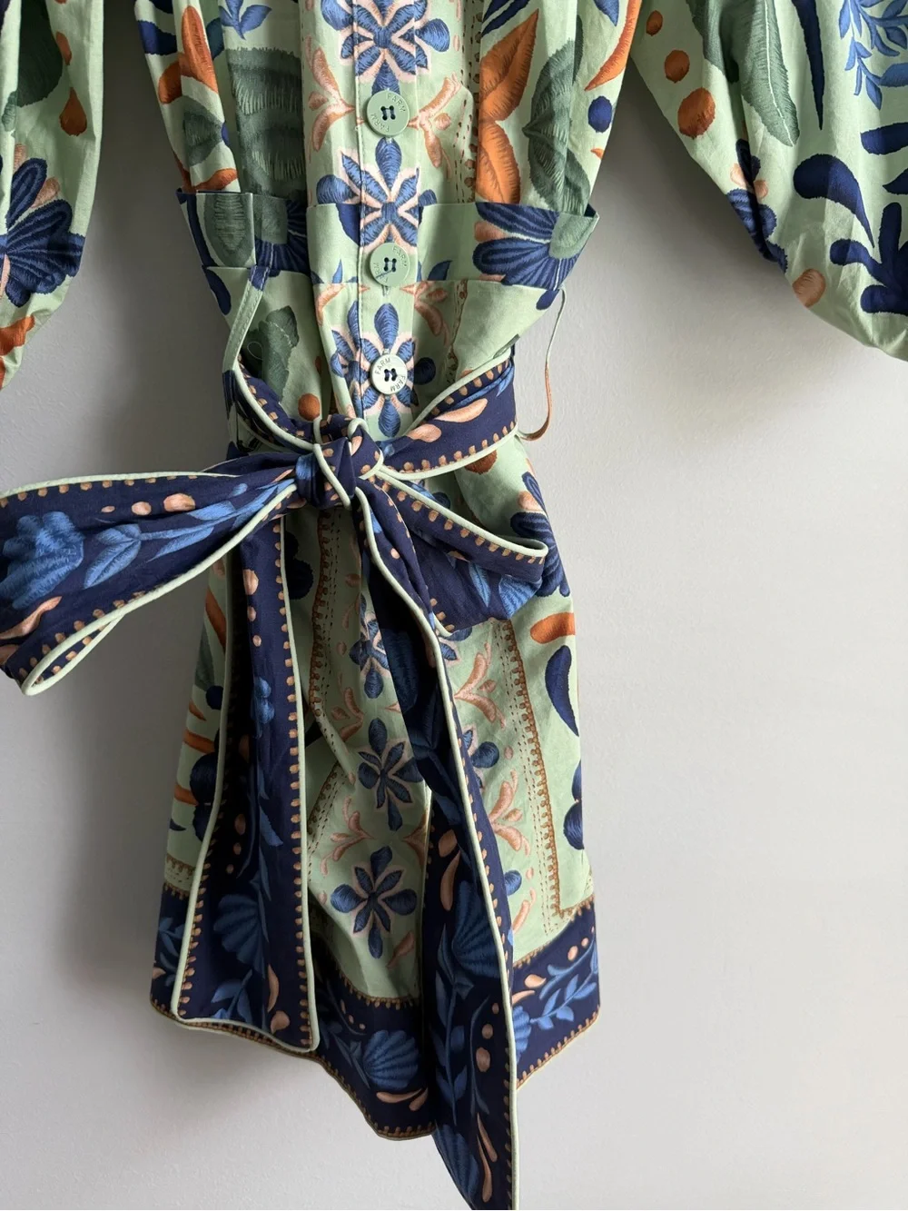 FARM Rio Mint Floral Puff-Sleeve Tie-Waist Jumpsuit with Navy & Coral Accents - Picture 2 of 4